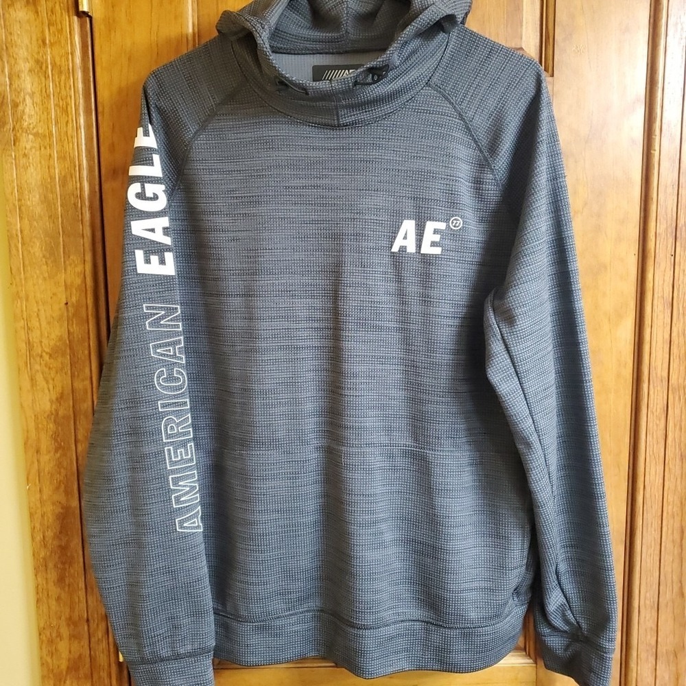 American Eagle Med Hoodie Mens Gray Flex Logo Graphic Pullover Sweatshirt Active - Picture 2 of 10
